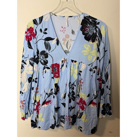 Free People Tops - Free People Blue Long Baby Doll Style Long Sleeve Blouse with Floral Pattern XS